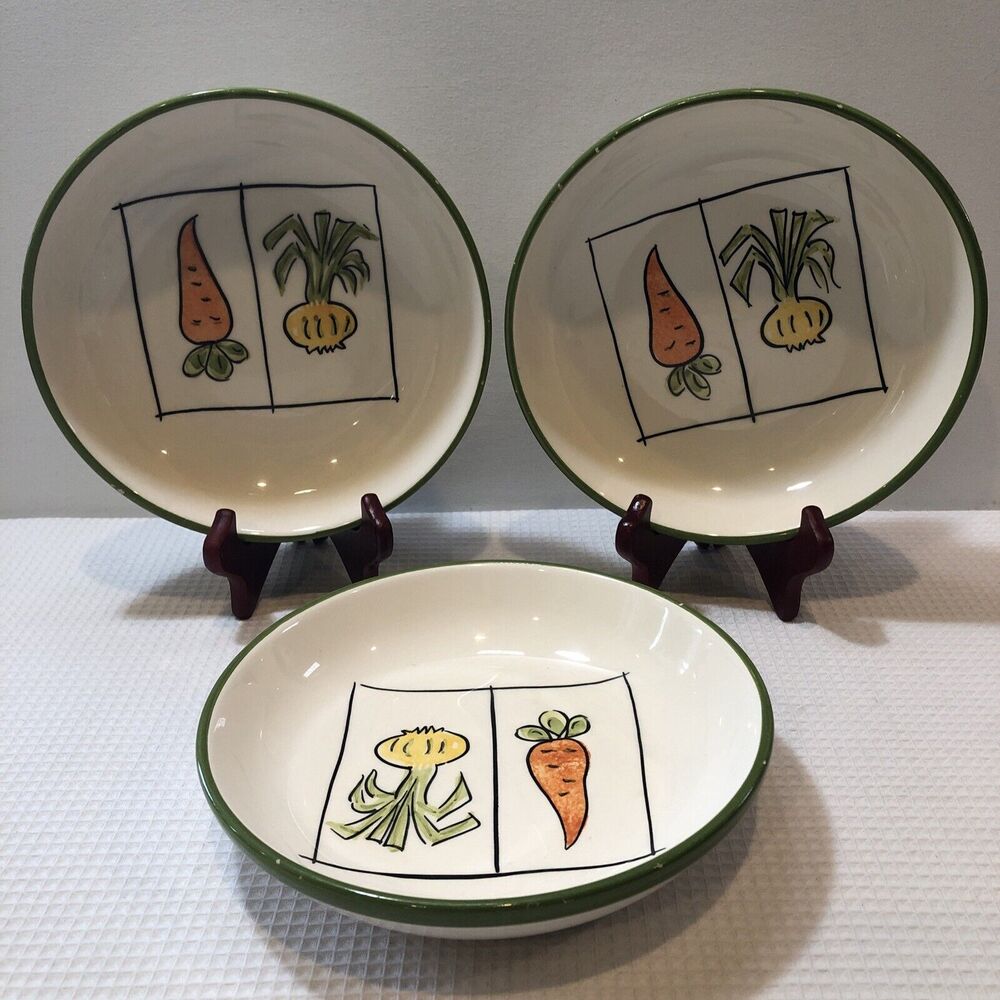 Lot of 3 SECLA Pottery Portugal Pasta/Salad Bowls White Carrots/Onions READ
